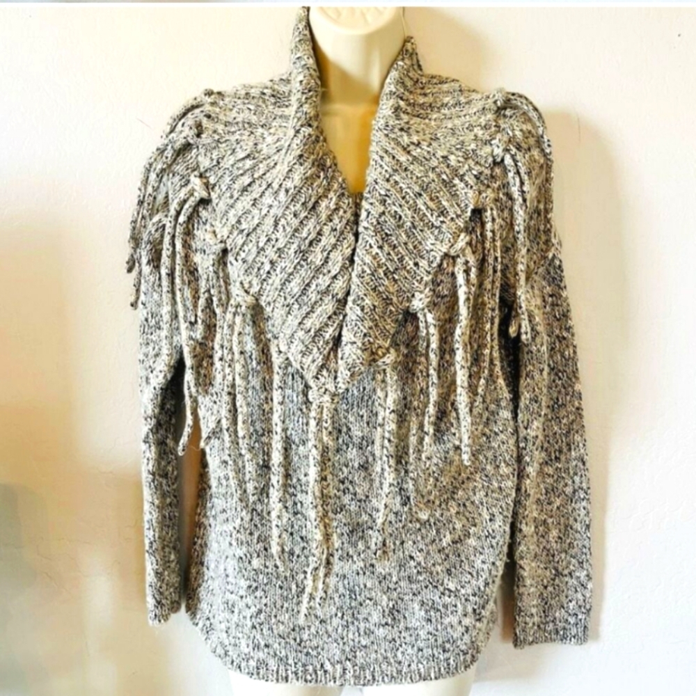 Chico's Laurissa Boho Fringe Pullover Sweater Cream & Tan Tassels Sz.S NWOT